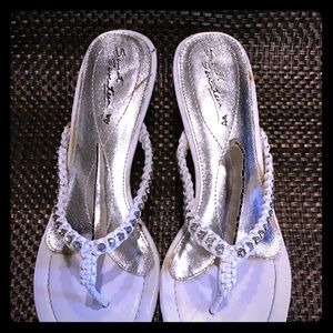 White/silver slip on kitten heels, woven design